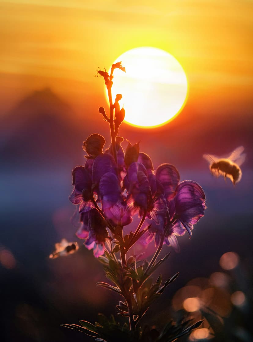 Fleur abeille sur soleil couchant